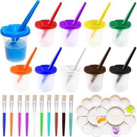 Lot de 32 gobelets de peinture anti-fuite avec couvercle, pinceau et palette de mélange, pots de peinture anti-fuite, récipients de couleurs assortis pour aquarelle, huile, gouache, acrylique (1/5)
