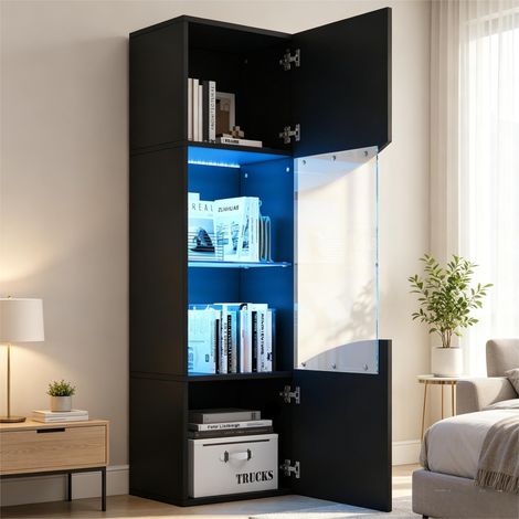 REDOM - Vitrine de salon - 35x50x165 cm - 4 niveaux - éclairage LED - surface brillante - verre trempé - panneau de particules - noir