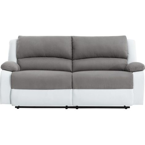 Loungitude – Canapé relax manuel 3 places – 2 assises XXL – Dossier inclinable jusqu'à 170° – Microfibre et simili – Blanc/Gris (1/5)