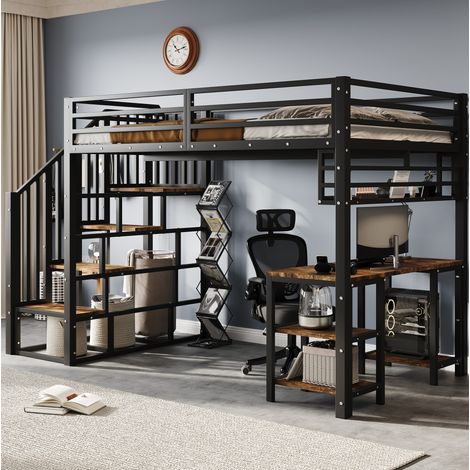Lit mezzanine enfant 120x200 cm, escalier avec rampe, bureau et étagères de rangement, sommier à lattes robuste, sans matelas, noir (1/5)