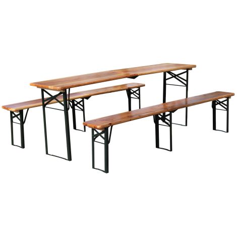 Conjunto de mesa plegable - 3 piezas (1 mesa + 2 bancos), madera maciza de pino y metal, plegable interior/exterior, madera natural - 220 x 50 cm (1/5)