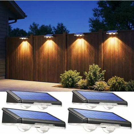 Applique murale solaire d'extérieur, lot de 4 LED blanc chaud, étanche IP65, disponible en 3000 K/4000 K/6500 K, idéale pour clôture, jardin ou terrasse. (1/5)