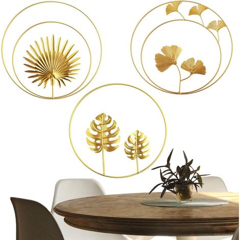 Décoration murale ronde en fer doré Ginkgo 3D (3 pièces)