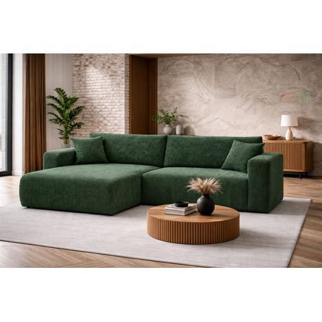 Canapé d’angle réversible GIORGIA L convertible – Velours côtelé vert bouteille, fonction couchage, grand coffre de rangement, angle universel gauche/droite