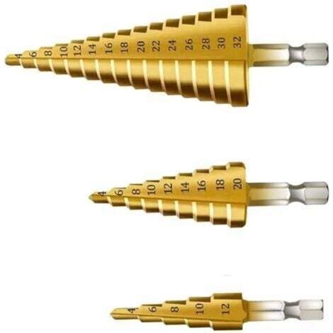 3PCS Foret Fraise Meche Etage, Triangle Conique Titane Foret Fraise, 4-12/20/32 mm, HSS Inox Metal, Pour Visseuse Percage sur Acier, Laiton, Bois (1/4)