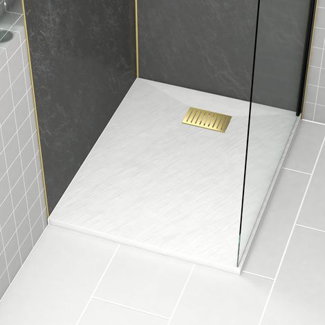 Pacco Piatto Doccia Bianco Effetto Pietra 80x100 cm e Griglia motivo Lineare Oro Spazzolato