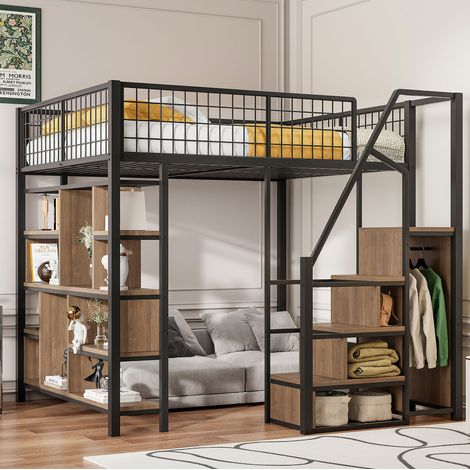lit adulte mezzanine rangement 140x200 métal noir OKMYHOME (1/5)