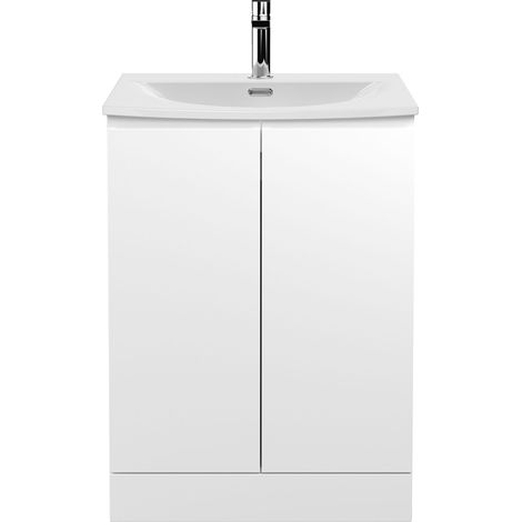 Mavesyn Contemporary 2 Door Floor Standing Vanity Unit with Curved Basin, Satin White, 600mm