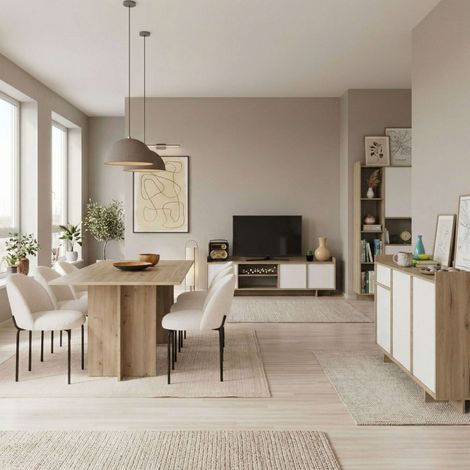 Conjunto de Muebles Salón Lead, Mueble tv, Aparador, Estantería y Mesa Comedor Ext. Roble Artisan y Blanco Mate