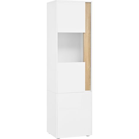 Vitrine, meuble de rangement, meuble haut avec éclairage LED, 2 portes (dont une en acrylique). Convient au salon, aux bureaux et aux cuisines. Blanc+Naturel. Dimensions: L50 x P40 x H179 cm. (1/5)