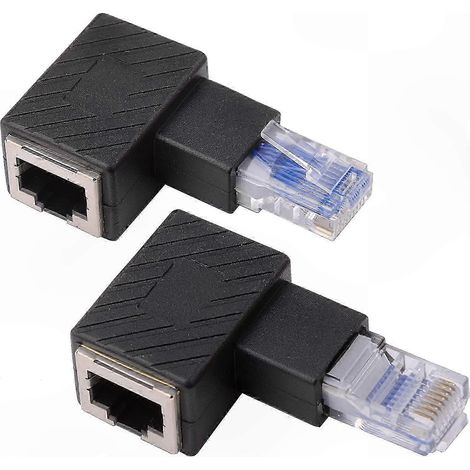 Deux adaptateurs Ethernet avec connecteurs RJ45 coudés à gauche et à droite, adaptés aux périphériques réseau. (1/5)