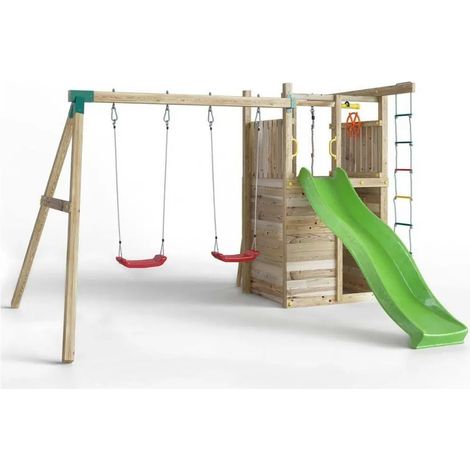 Parco giochi in legno Fungoo Houser con scivolo, due altalene e arrampicata (1/5)