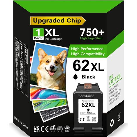 Encre 62 XL Noir - 750+ Pages, Remplacement pour es Cartouche HP 62 Noir, Encre Imprimante 62XL pour HP Officejet 200 200c 250 250C 258 5740 Envy 5540 5541 5545 5547 5640 5642 5646 (1/5)