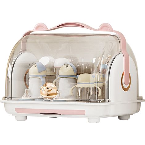 Boîte de rangement pour biberons avec couvercle, égouttoir anti-poussière en plastique, organiseur d'armoire pour vaisselle bébé rose (1/5)