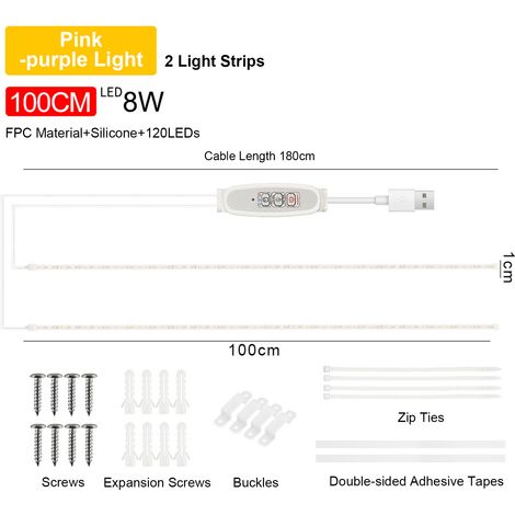 Ortviai Bande LED pour Plantes d'Intérieur – 2 x 100 cm, Spectre Rose-Violet, Minuterie Intelligente 24 h, 4 Niveaux de Luminosité, USB