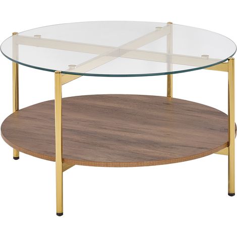 Mesa de centro moderna tablero de vidrio templado estructura de metal 1 estante madera oscura dorado Lovell (1/5)
