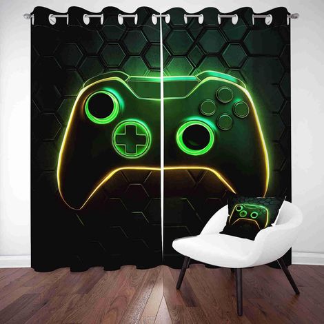 Rideau Occultant pour Chambre Néon Manette 2 Pièces Rideaux Imprimés Gamer Console de Jeu Thermique Anti Chaleur, Isolation Acoustique, Rideau de Porte à Oeillets, 150 x 280cm - L 150 X H 280cm (2 Pan (1/5)