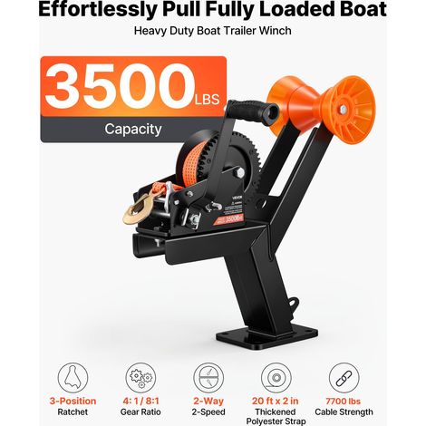 Treuil Manuel avec Support et Rouleau 1588 kg, Treuil Remorque Bateau avec Sangle Polyester Orange 6,1 m, pour Jet-Ski, Voilier, Ba… (1/5)