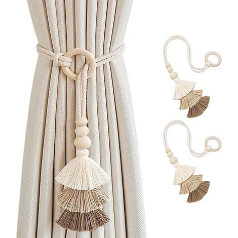 Lot de 2 embrasses de rideaux bohèmes en corde avec pompons Anneau en bois tressé à la main, 30 cm, décoration murale pour chambre (1/5)