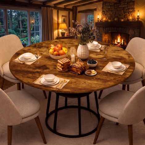 Mesa de comedor redonda 120 cm - Mesa de cocina industrial para 6 personas con estante de almacenamiento de madera mdf y metal - Marron vintage y negro