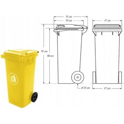 Poubelle jaune en plastique sur roulettes 120 l