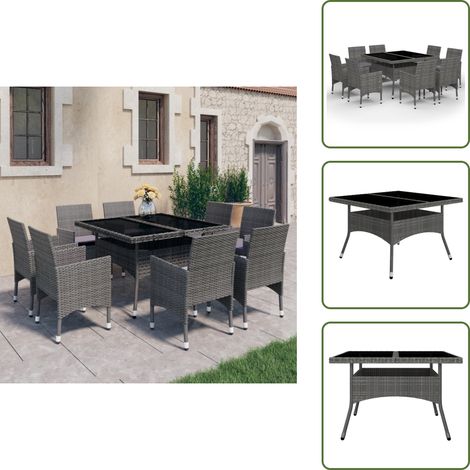 Comedor de jardín ratán - vidaXL Set de comedor de jardín 9 piezas ratán PE y vidrio gris - Comedor de jardín con cojines