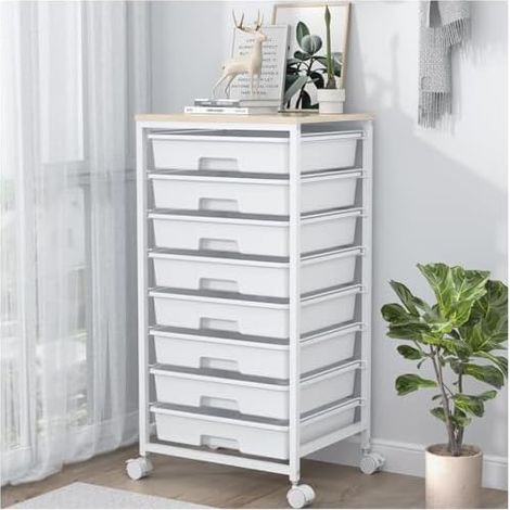 Chariot de salle de bain avec 8 tiroirs - Chariot de rangement à roulettes avec plateau en bois - Pour salon, chambre à coucher, bureau - Grande capacité,Blanc (1/5)