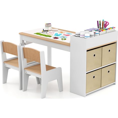 COSTWAY Kids Art Table&Chairs Set Wooden Kids Craft Study Desk w/Storage-Natural (1/5)