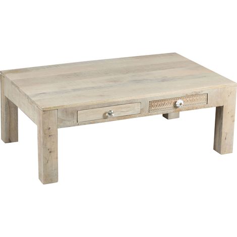 Table basse 2 tiroirs 100x70x40 cm en manguier naturel blanchi - KEEN