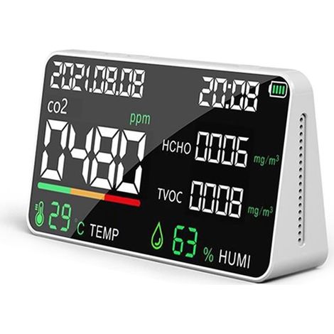 Multifunktionales Luftqualitätsmessgerät mit Partikelzähler, CO2-, HCHO- und TVOC-Detektor, Temperatur- und Feuchtigkeitsanzeige sowie Datums- und Zeitanzeige (1/5)