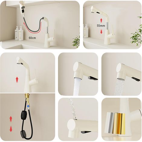 Basin taps with Pull Out Spray Brass Hot Water and Cold Water washbasin Faucet Swivel Retractable Bathroom Faucet-White (1/5)