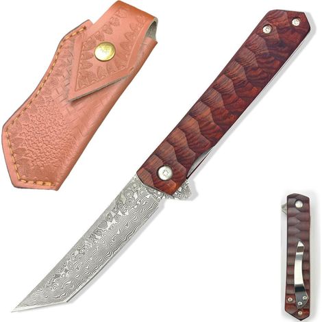 Damast Taschenmesser Klappmesser mit Holzgriff und Gürtelclip