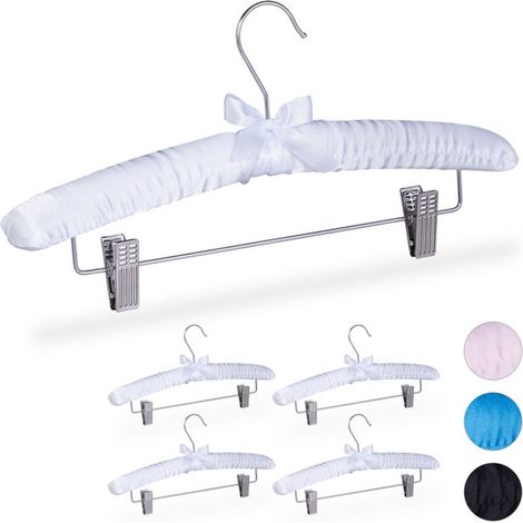 Cintres en satin, jeu de 5, rembourrés, vintage, pinces déplacables, crochets pivotants, 38 cm de large, blanc (1/4)