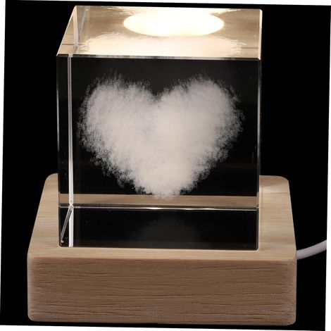 Veilleuse Cube Cristal Cœur Lumineux Usb Avec Base Bois 6cm (1/5)