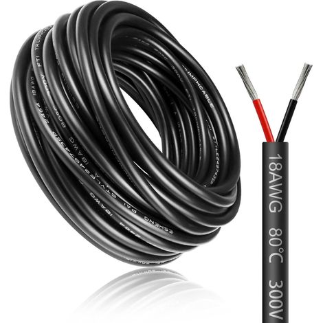 Câble électrique 10 mètres 18 AWG 2x0,75mm² à 2 conducteurs, fil de cuivre étamé flexible, impédance faible, compatible alimentation LED 5V / 12V / 24V, résistance aux hautes températures (1/5)