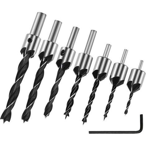 7 pcs Foret Bois Carottage Chanfrein Mèche à tête fraisée avec fraisage et butée de profondeur Jeu de forets à fraiser 90°Mèches à bois hélicoïdales (3-10 mm) (1/4)