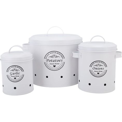 3PCS Contenant de rangement pour pommes de terre et oignons, acier au carbone style ferme, pot de conservation pour plan de travail, blanc (1/5)