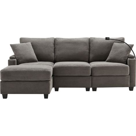 Convertible 3-Sitzer L-Ecksofa aus dunkelgrauem Cord samt mit Hocker (1/4)
