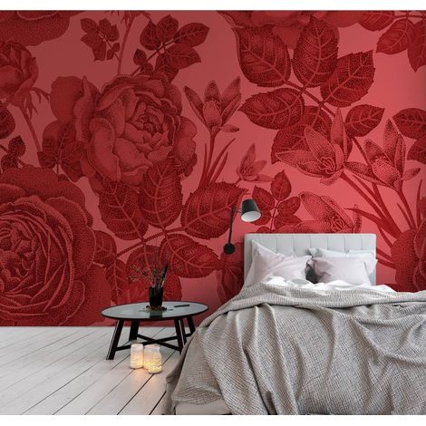 Papier peint panoramique rouge pour cuisine | Tapisserie panoramique florale tendance | Papier peint panoramique original - 270 x 400 cm (4 pièces) (1/5)