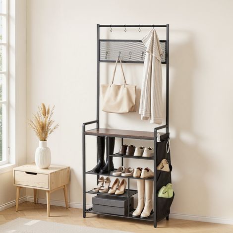 Meuble d'Entrée 180 cm, Porte Manteaux avec Rangement pour Chaussures 5 Niveaux, pour Couloir Chambre Dressing, Vestiaire d'Entrée Autoportant en Acier, avec Patères et Pochette Latérale (1/5)