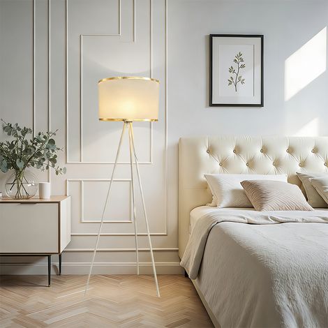 Dreibein Bodenlampe 157 cm Höhe, Moderne Stehlampe mit Stoffschirm und E27 Sockel, Stilvolle Wohnzimmerleuchte für Innenräume