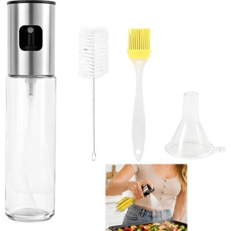 Flacone spray in vetro da 100 ml per olio da cucina con graduazione, spruzzatore per olio per cucina, cappa aspirante, aceto, acqua, senza BPA, acciaio inox 304, manico antiscivolo, facile da pulire (1/5)