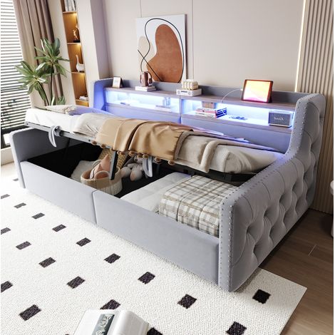 Lit coffre 90x200 cm avec rangement et LED, tablette, prise et ports USB et Type-C, en velours, gris clair, sans matelas (1/5)