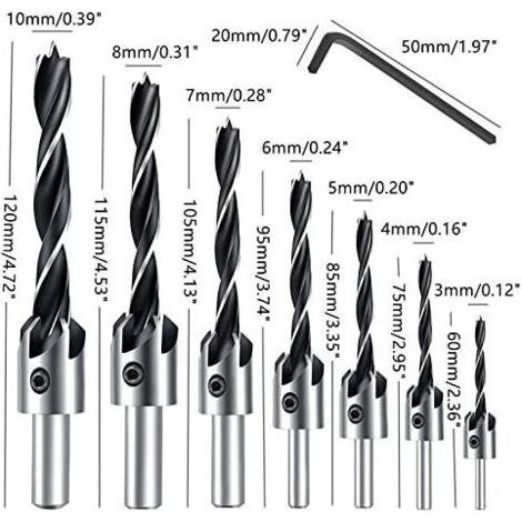 Fraiser Percer Bit Ensemble,8pcs HSS 5 flûte Charpenterie Fraise Coeur Percer Morceaux Fraise à chanfreiner 3-10mm (1/5)