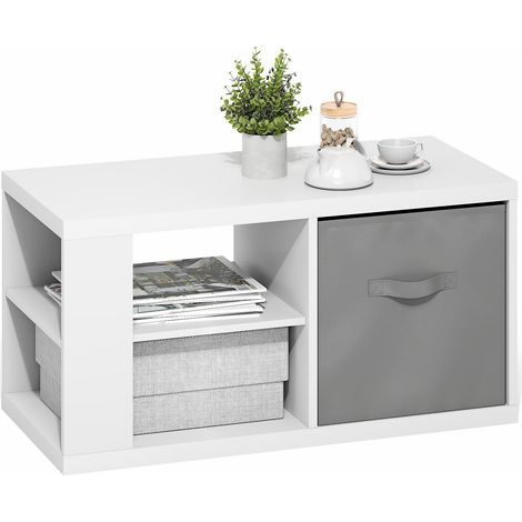 Table Basse, 3 Niveaux, Plateau de 3 cm d'épaisseur, Table d'appoint avec étagère Ouverte et bac de Rangement, idéale pour Le Salon, la Chambre ou Le Bureau, Blanc/Gris Clair. (1/5)
