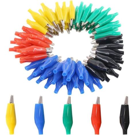 Lot de 100 pinces crocodiles pour test électrique de 35 mm Noir/rouge/jaune/bleu/vert (1/4)