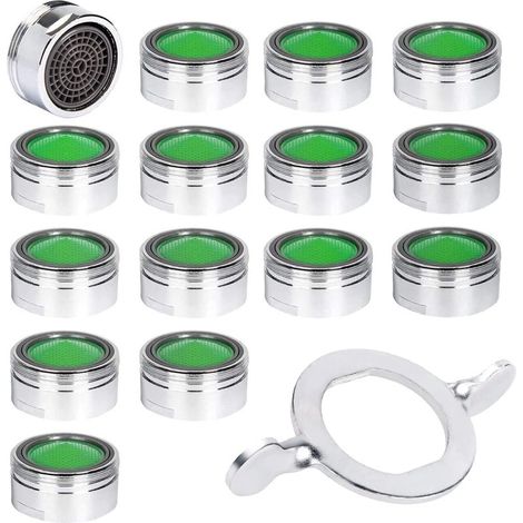 15pcs Mousseur Robinet, Acier Inoxydable Aérateur de robinet M24 avec filtre en ABS, Economiseur d'Eau Embout Brise Jet Robinet Cuisine et Salle de Bain Matériel+15 joints et 1 Clé Argent (1/5)