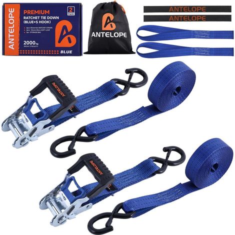 Sangles d'arrimage avec cliquet 2 pièces, 6m, crochet en S, bleu, charge de rupture 2000kg