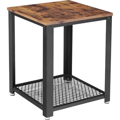 Table d'Appoint, Table de Chevet 2 Niveaux, avec Étagère Grillagée, Bout de Canapé, Cadre en Métal, Pieds Réglables, pour Salon, Chambre, Style Industriel, Marron Rustique et Noir