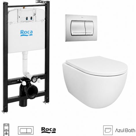 Pack WC Bastidor empotrado ROCA Active cisterna empotrada y pulsador cromo mate con inodoro suspendido SWISS 53 cm Tornado y Soft-Close de Azul Bath (1/5)